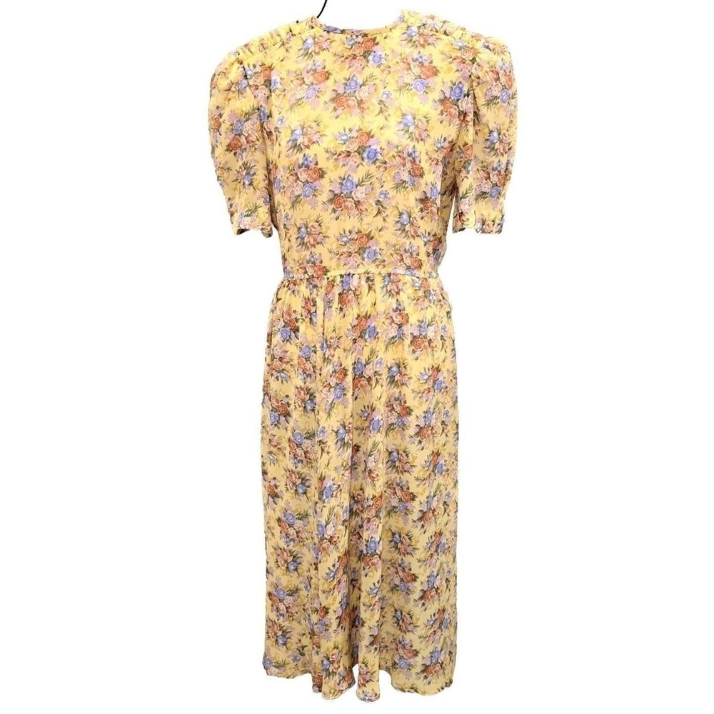 VTG 80s Leslie Fay Yellow‎ Floral Midi Dress 10 Puff Sleeve Cottagecore Prairie
